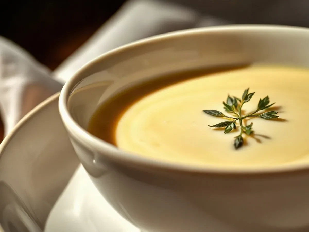 Leek and potato velouté with crisp herbs on ivory crockery.