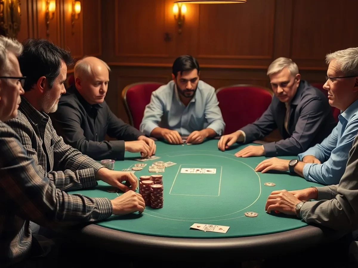 Adult players and a dealer gathered around green felt.