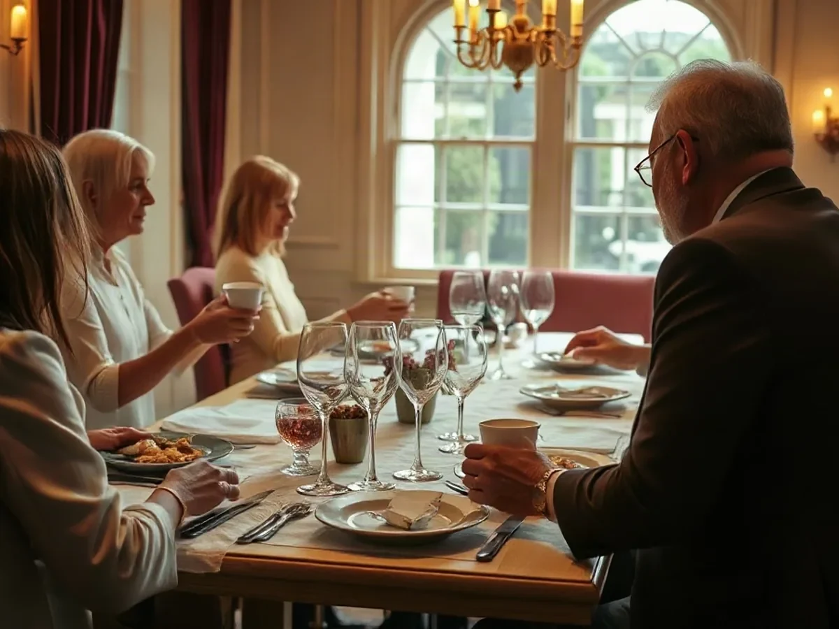 Adult diners sharing plates over cream linen in warm light.