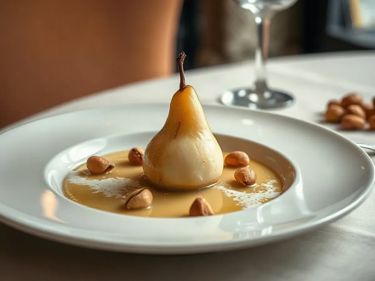 Poached pear with crème fraîche and toasted hazelnuts.