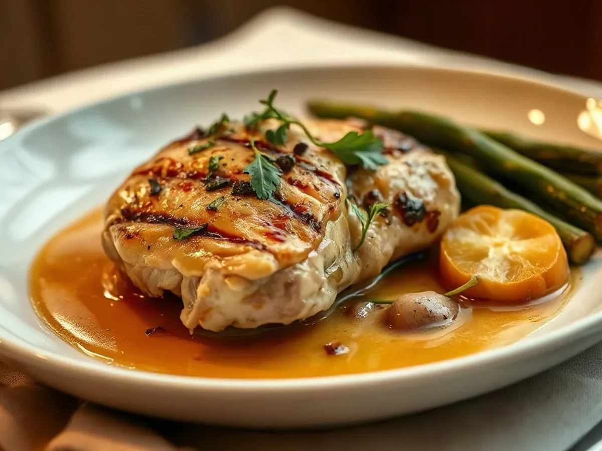 Roast chicken, buttery pommes Anna and glazed winter roots.